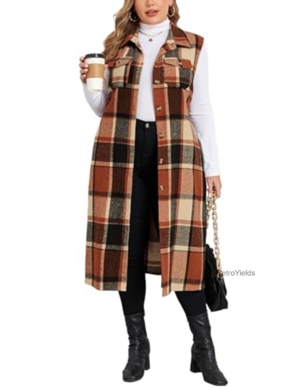 Plus Size Flannel Plaid Long Midi Vest Pockets Button Down Sleeveless Shacket